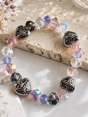 Iridescent Crystal Heart Stretch Bracelet - Pink & Silver Handcrafted